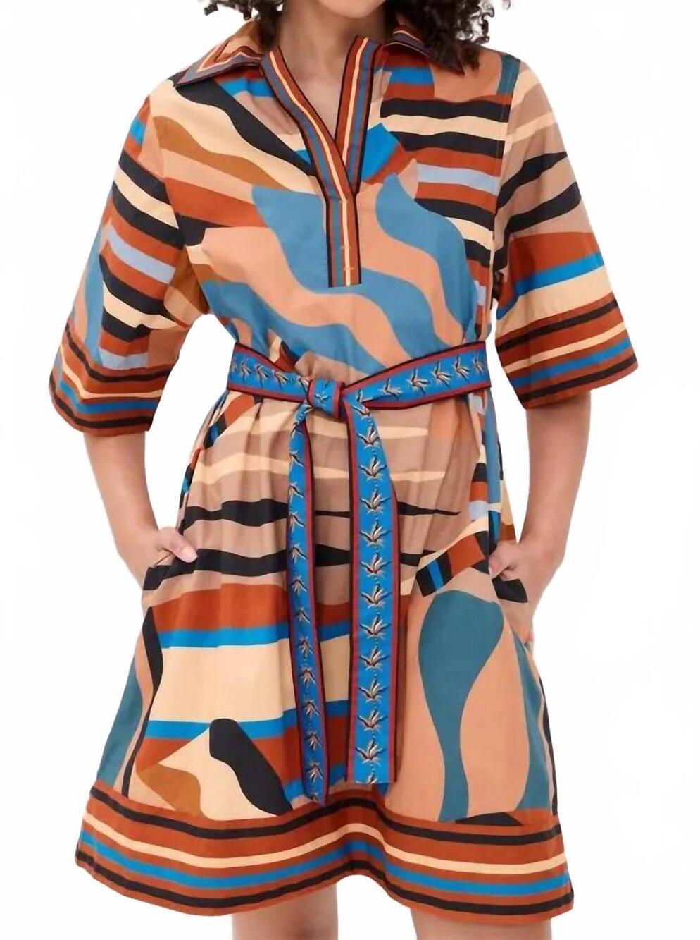 NEW LAS SUREÑAS striped geometric print short dress in neutral tones